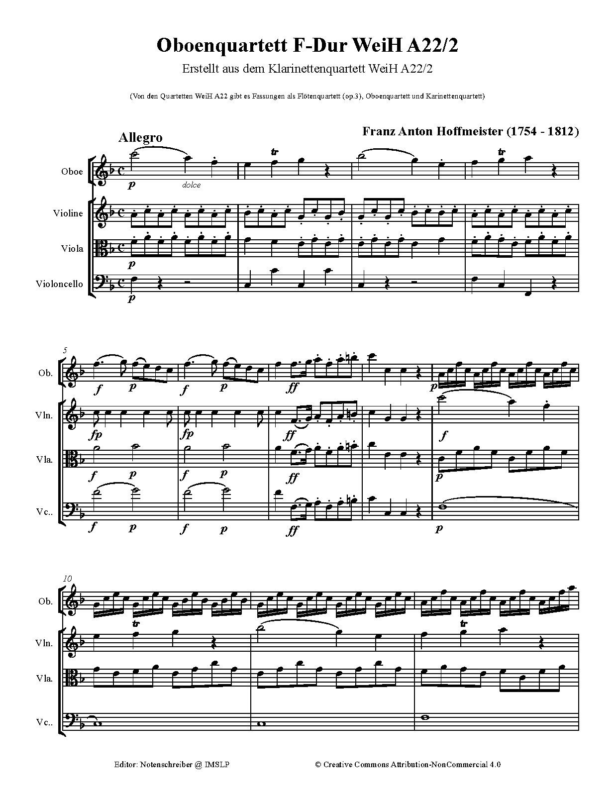 Oboe Quartet No.2 in F major, WeiH A22 (Hoffmeister, Franz Anton) IMSLP