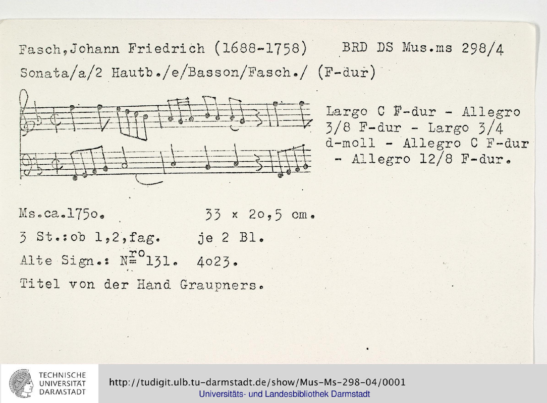 Sonata for 2 Oboes, Bassoon and Continuo, FaWV NF6 (Fasch, Johann