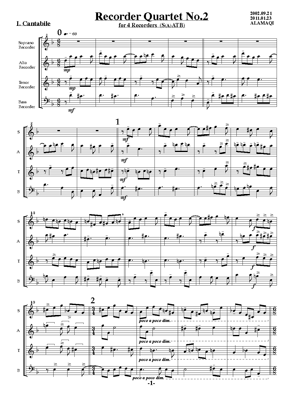 Recorder Quartet No.2, Op.27 (Aramaki, Michio) IMSLP