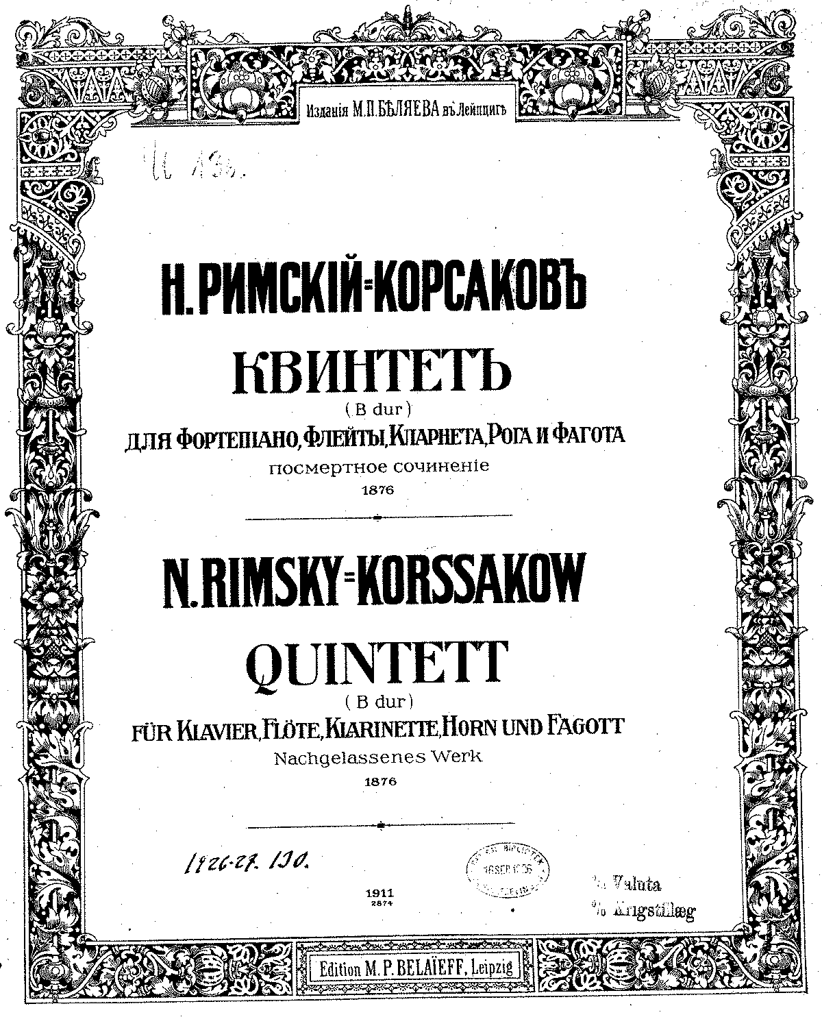 Quintet In B-flat Major (Rimsky-Korsakov, Nikolay) - IMSLP