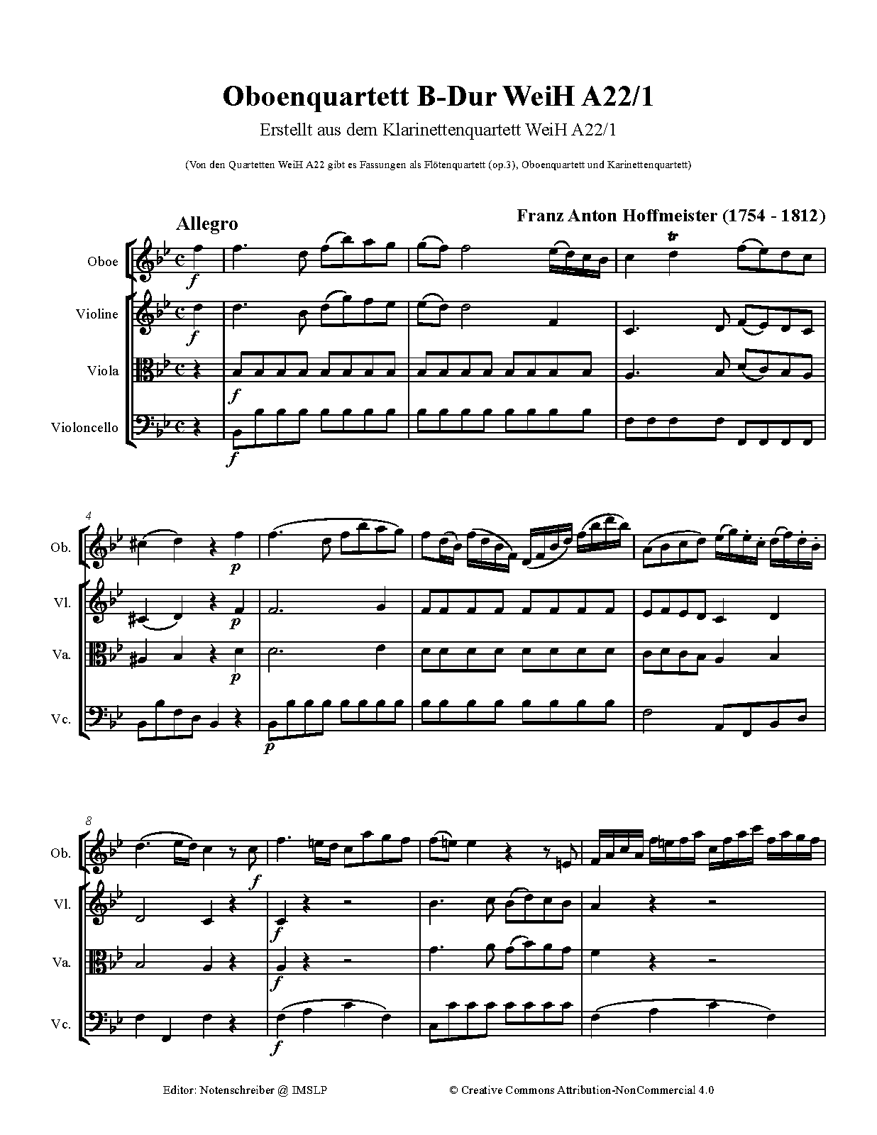 Oboe Quartet No.1 in Bflat major, WeiH A22 (Hoffmeister, Franz Anton