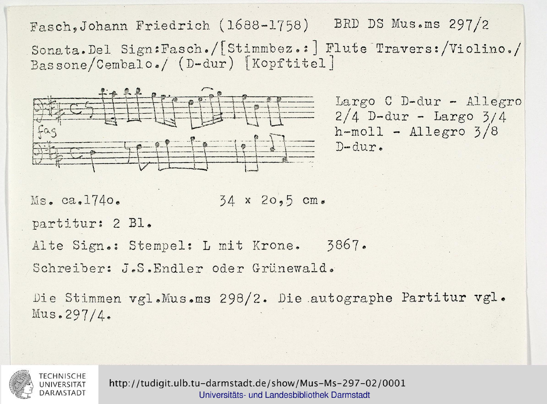 Sonata for Flute, Violin, Bassoon and Continuo, FaWV ND1 (Fasch