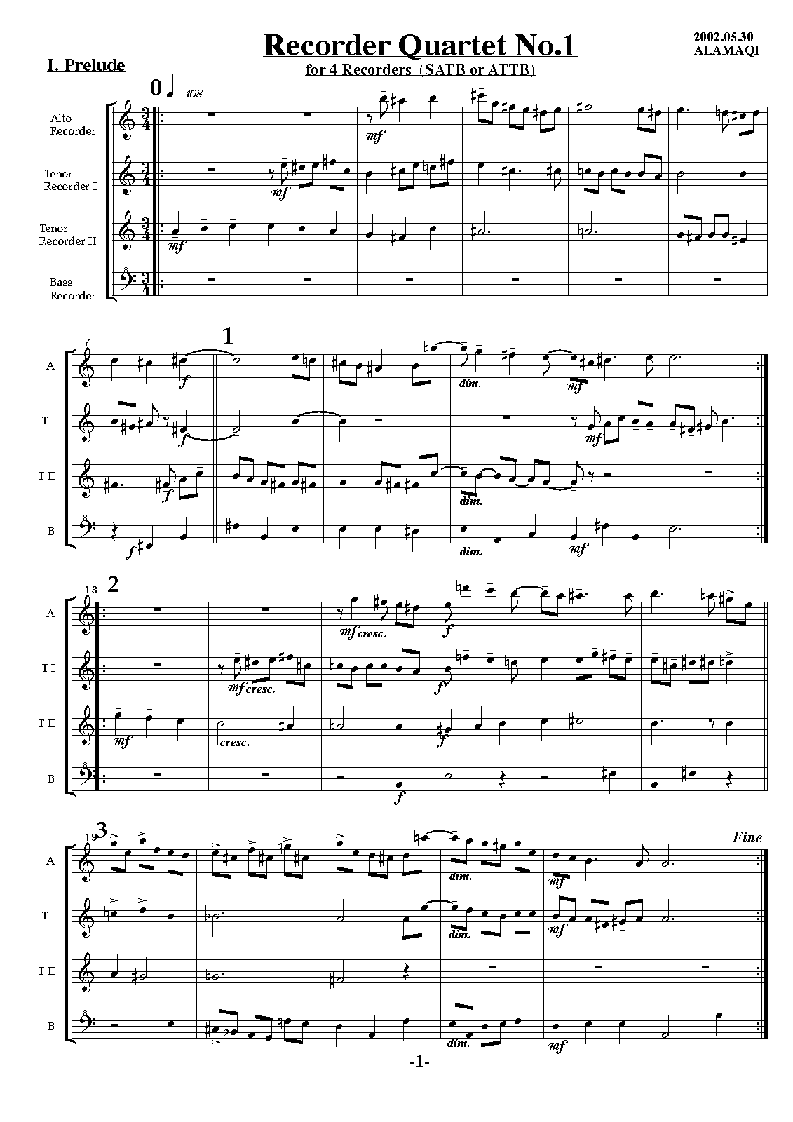 Recorder Quartet No.1, Op.25 (Aramaki, Michio) IMSLP