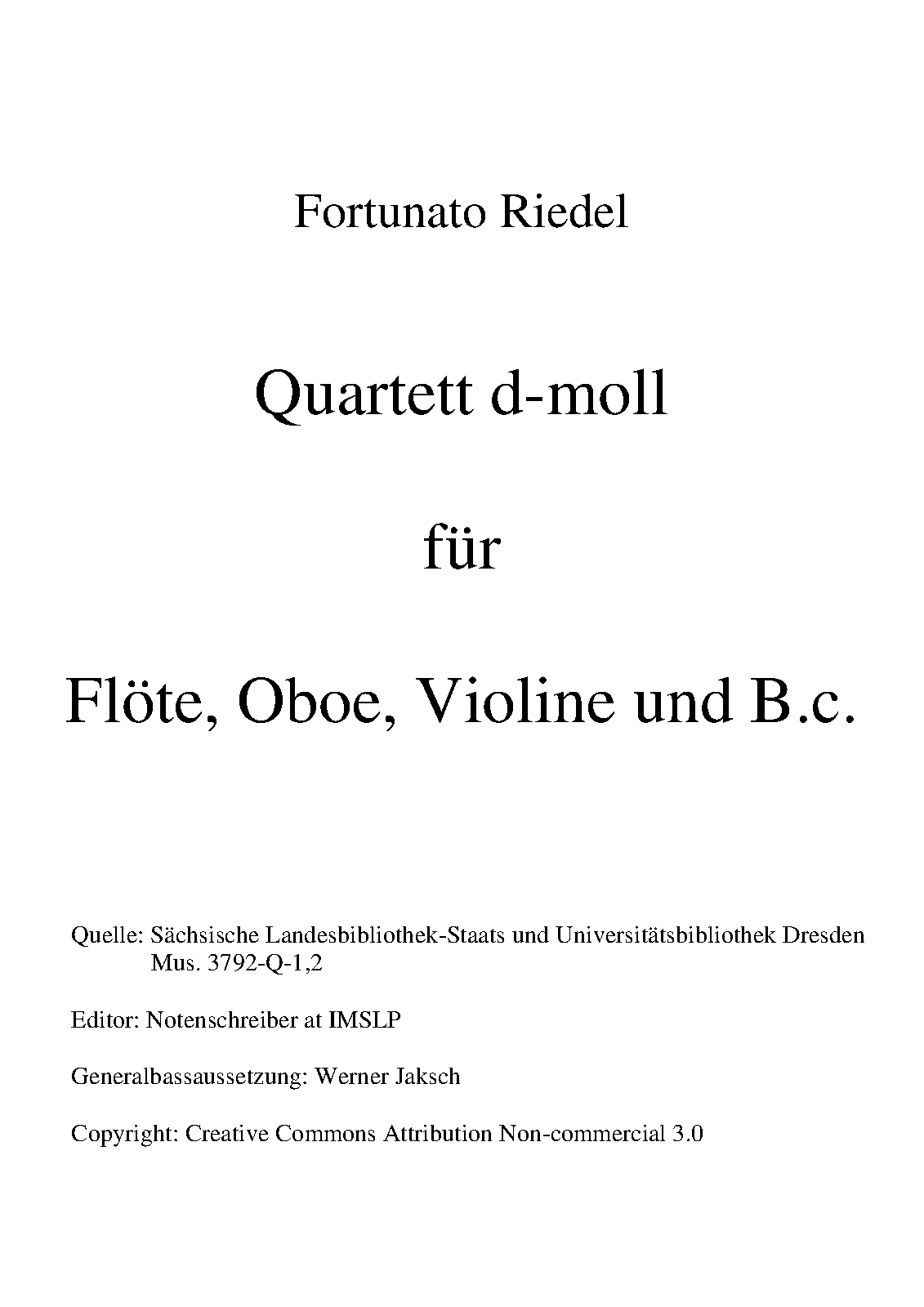 Quartet in D minor for Flute, Oboe, Violin and Continuo (Riedel