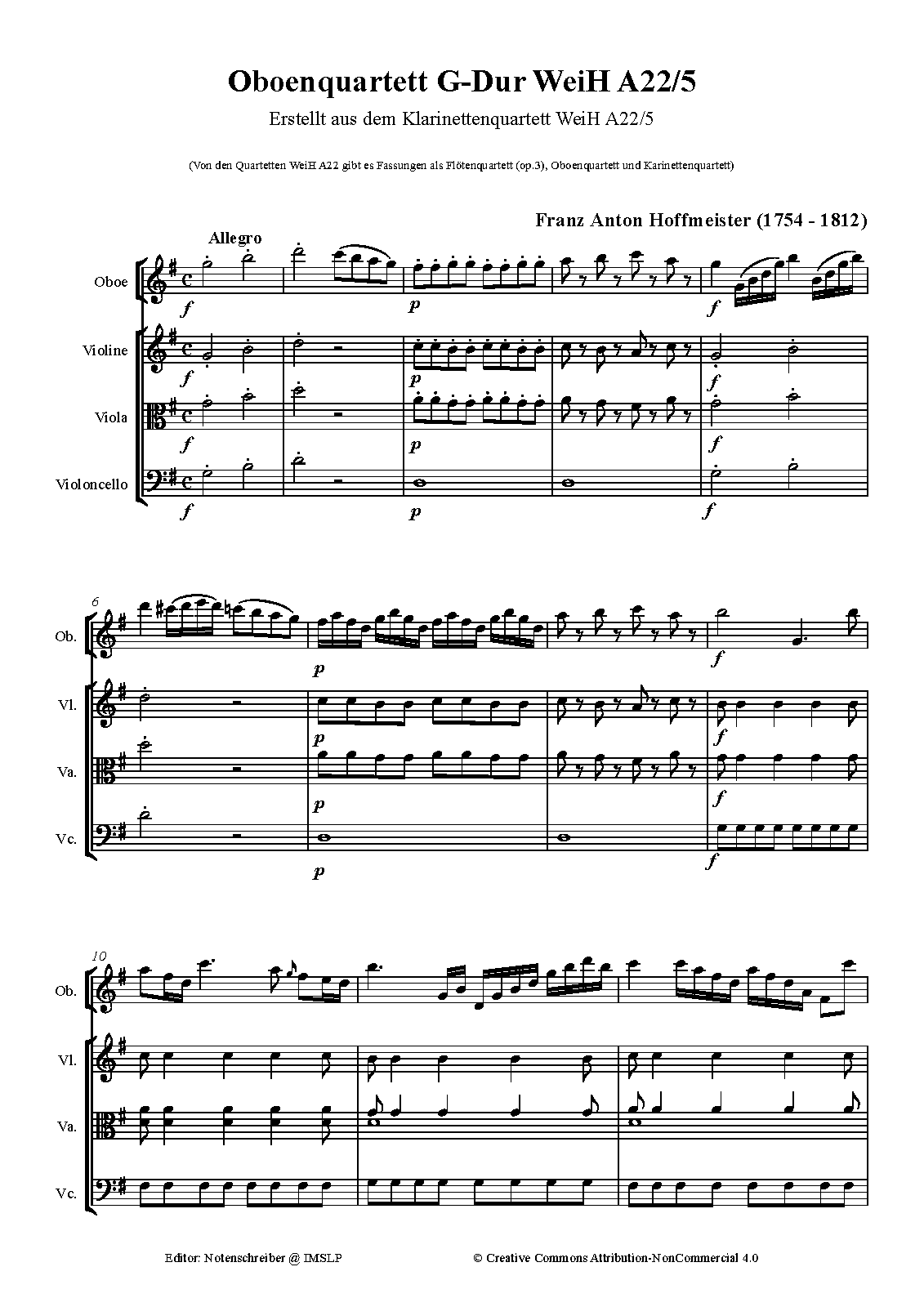 Oboe Quartet No.5 in G major, WeiH A22 (Hoffmeister, Franz Anton) IMSLP