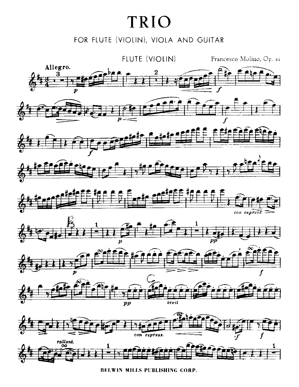 Trio for Flute or Violin, Viola and Guitar, Op.45 (Molino, Francesco