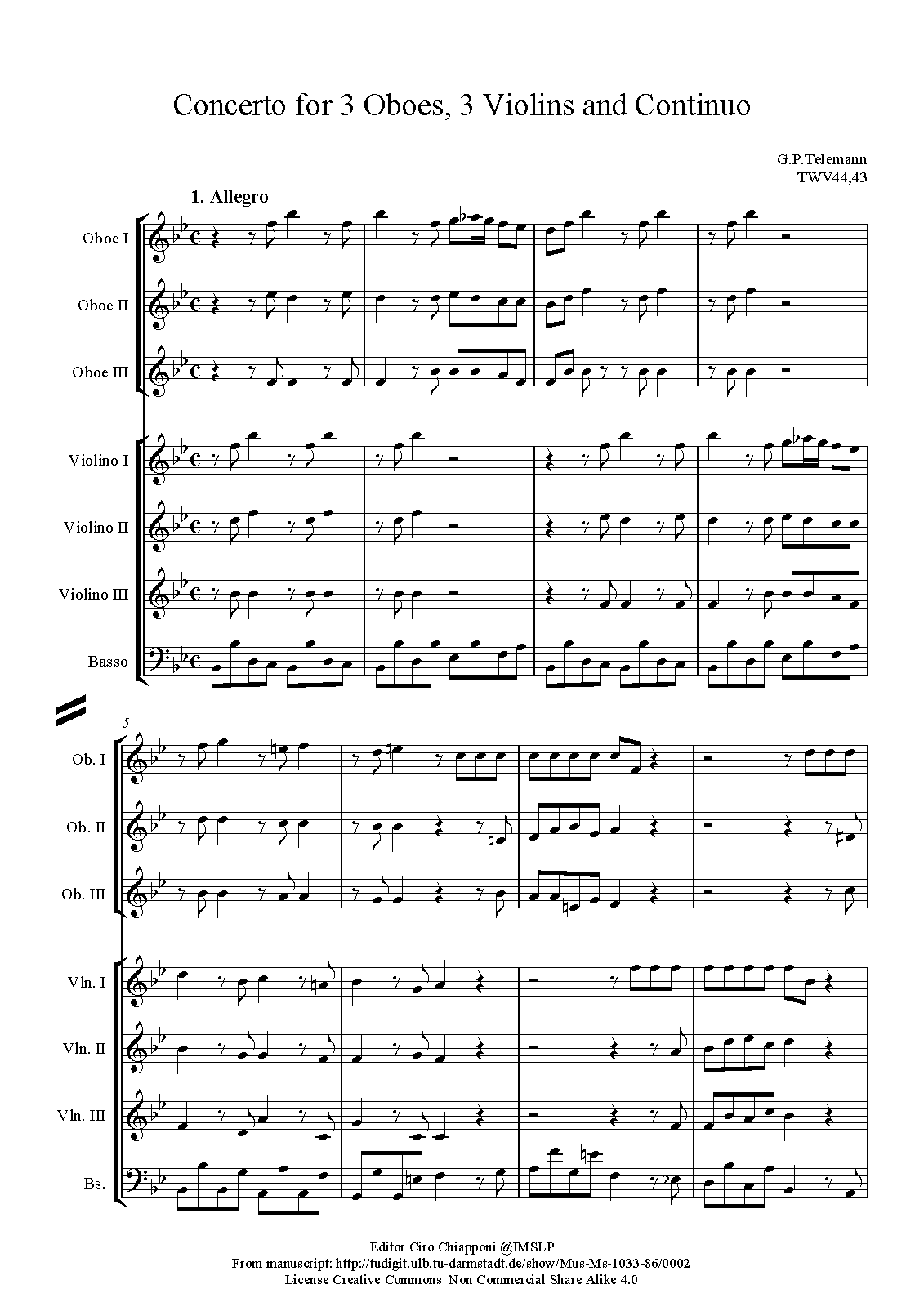 Concerto for 3 Oboes, 3 Violins and Continuo, TWV 4443 (Telemann