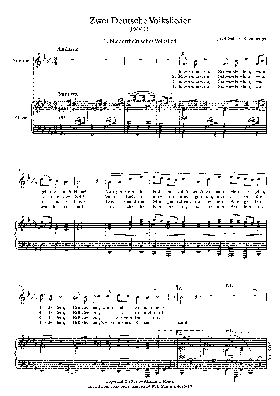 2 Deutsche Volkslieder, JWV 99 (Rheinberger, Josef Gabriel) - IMSLP