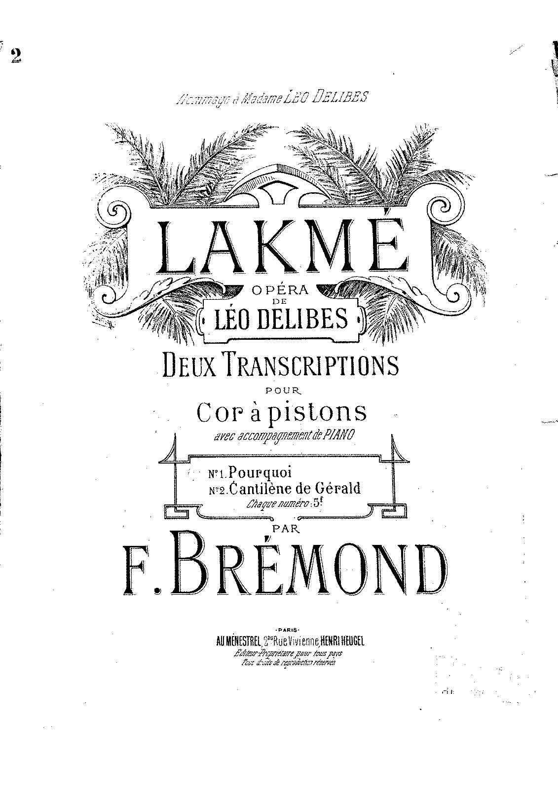 2 Transcriptions Sur 'Lakmé' De Delibes (Brémond, François) - IMSLP