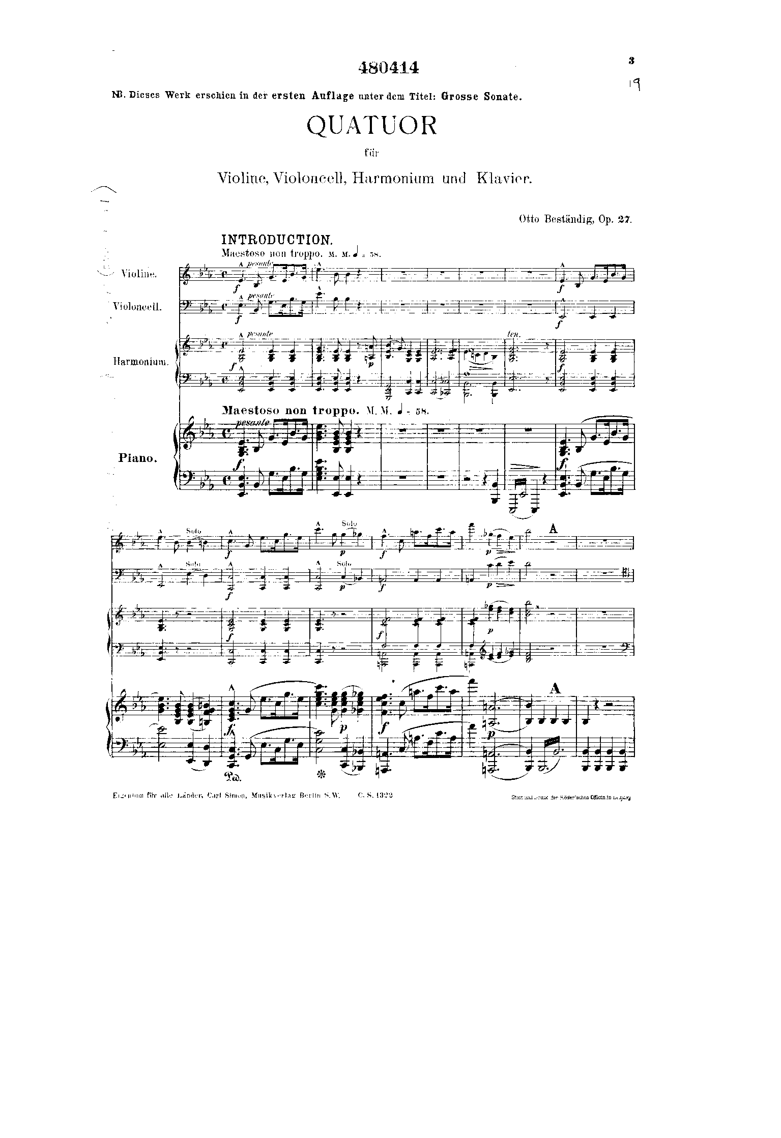 Quartet for Violin, Cello, Harmonium and Piano, Op.27 (Beständig, Otto