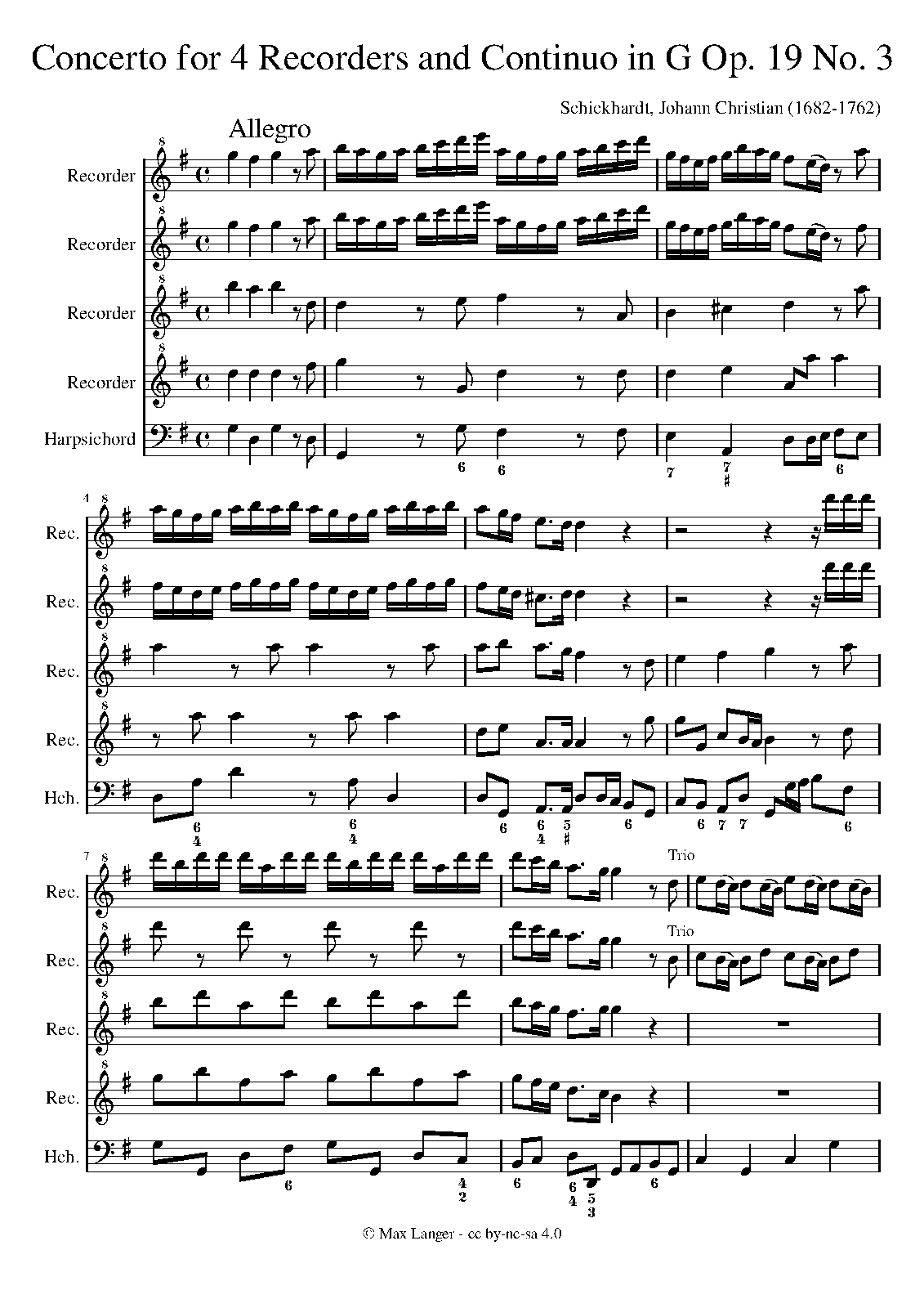 Concerto for 4 Recorders and Continuo in G major, Op.19 No.3