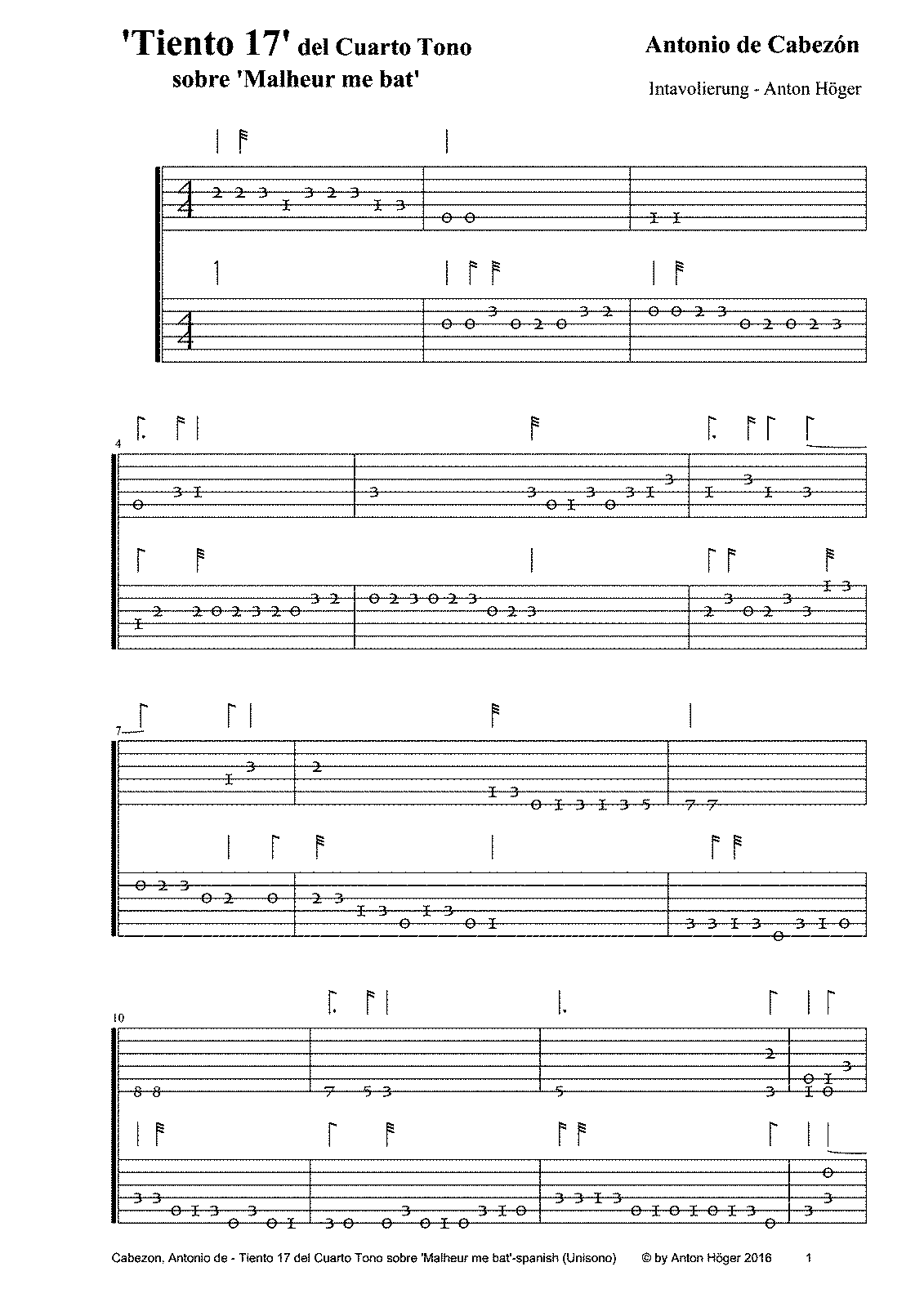 Tiento 17 del cuarto tono sobre 'Malheur me bat' (Cabezón, Antonio de ...
