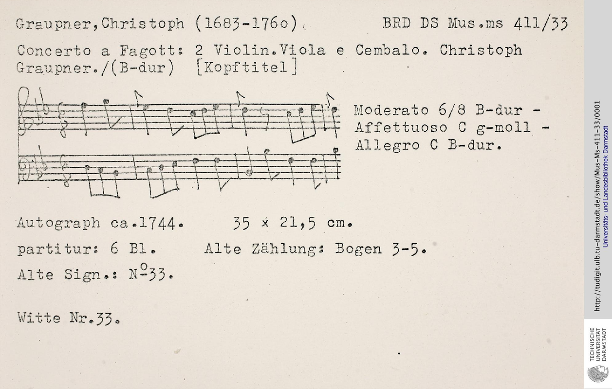 Bassoon Concerto in Bflat major, GWV 340 (Graupner, Christoph) IMSLP