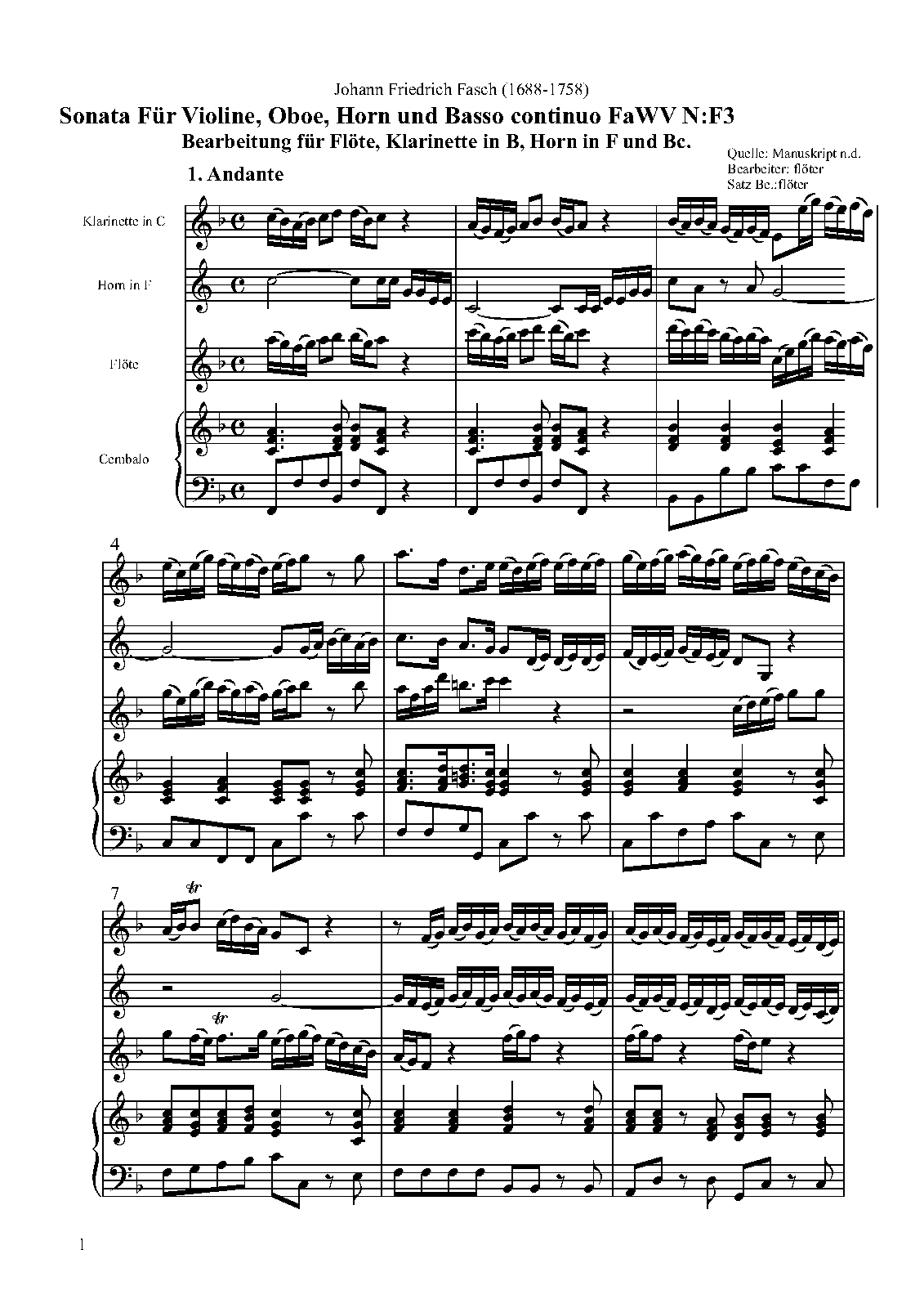 Sonata for Violin, Oboe, Horn and Continuo, FaWV NF3 (Fasch, Johann
