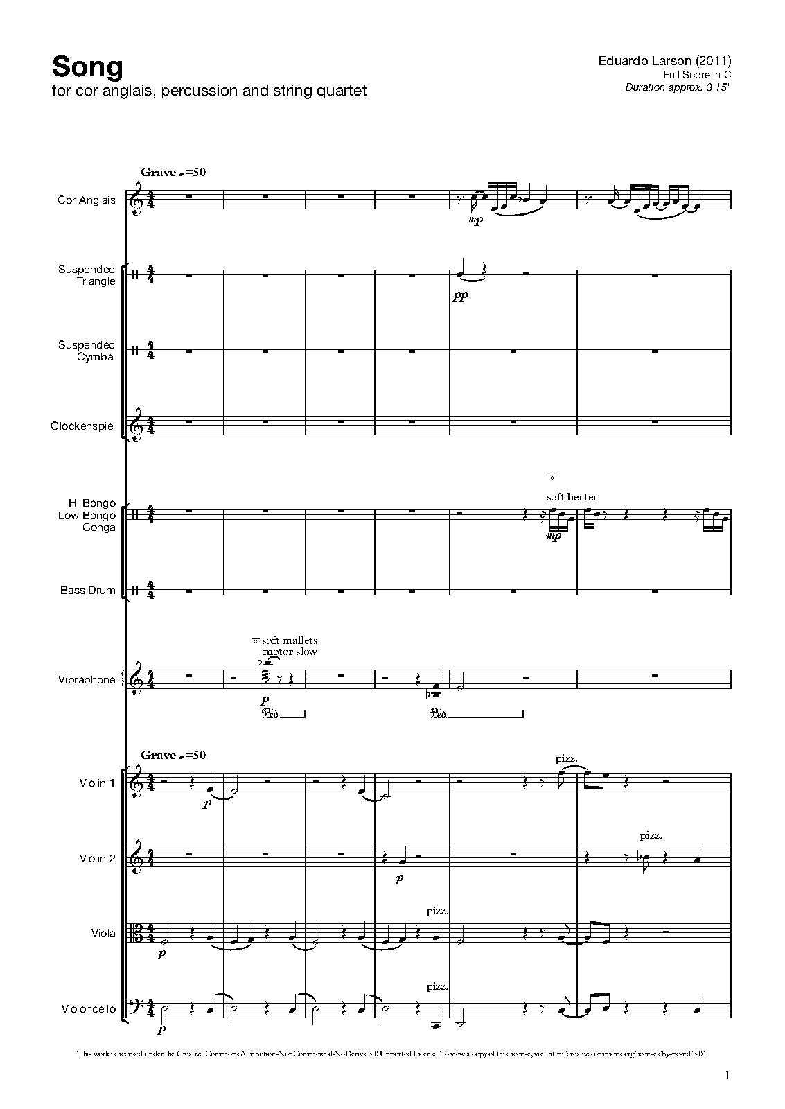 Song for Cor anglais, Percussion and String Quartet (Larson, Eduardo ...