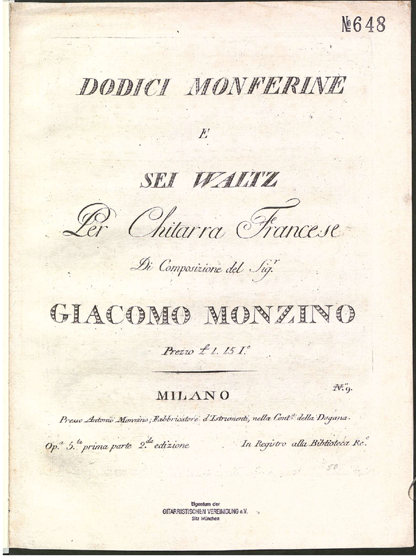 12 Monferine e 6 Waltz per Chitarra Francese, Op.5 (Monzino,
