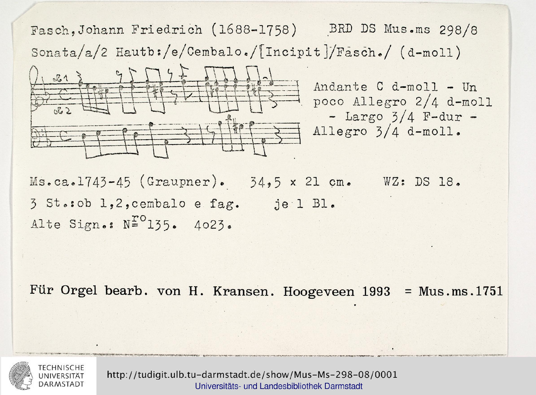 Sonata for 2 Oboes, Bassoon and Continuo, FaWV Nd1 (Fasch, Johann
