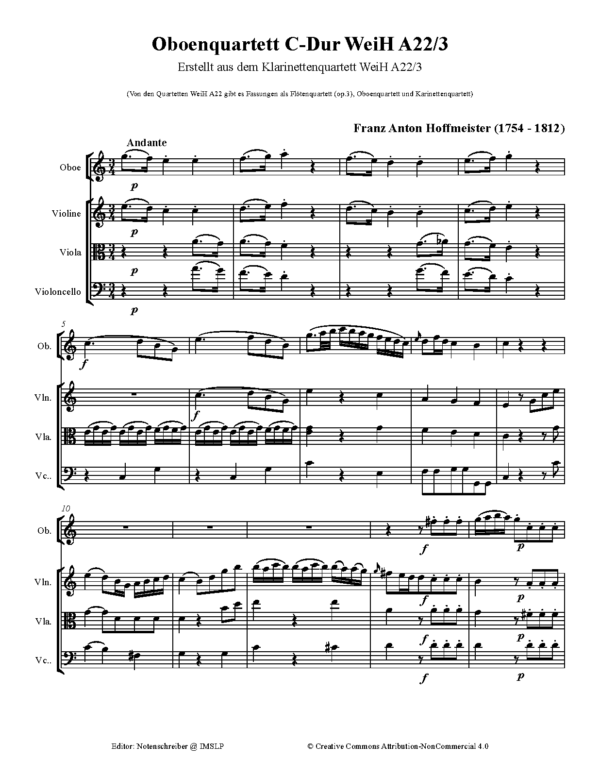 Oboe Quartet No.3 in C major, WeiH A22 (Hoffmeister, Franz Anton) IMSLP
