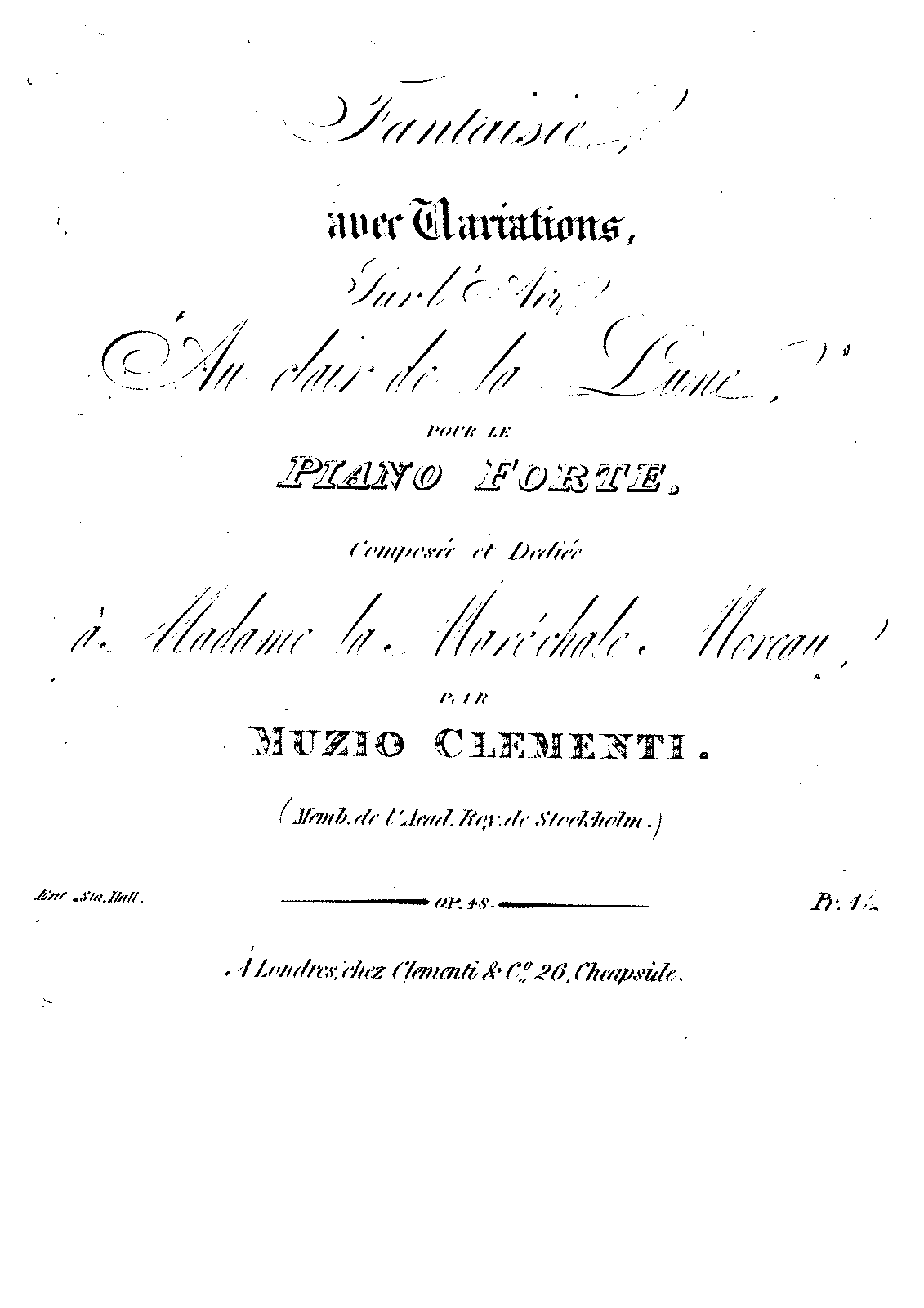 Fantasie Avec Variations Sur L Air Au Clair De La Lune Op 48 Clementi Muzio Imslp Free Sheet Music Pdf Download