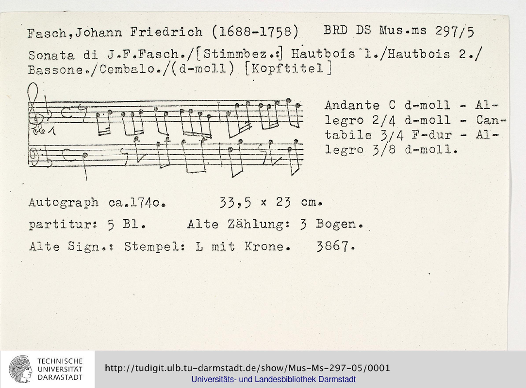Sonata for 2 Oboes, Bassoon and Continuo, FaWV Nd2 (Fasch, Johann