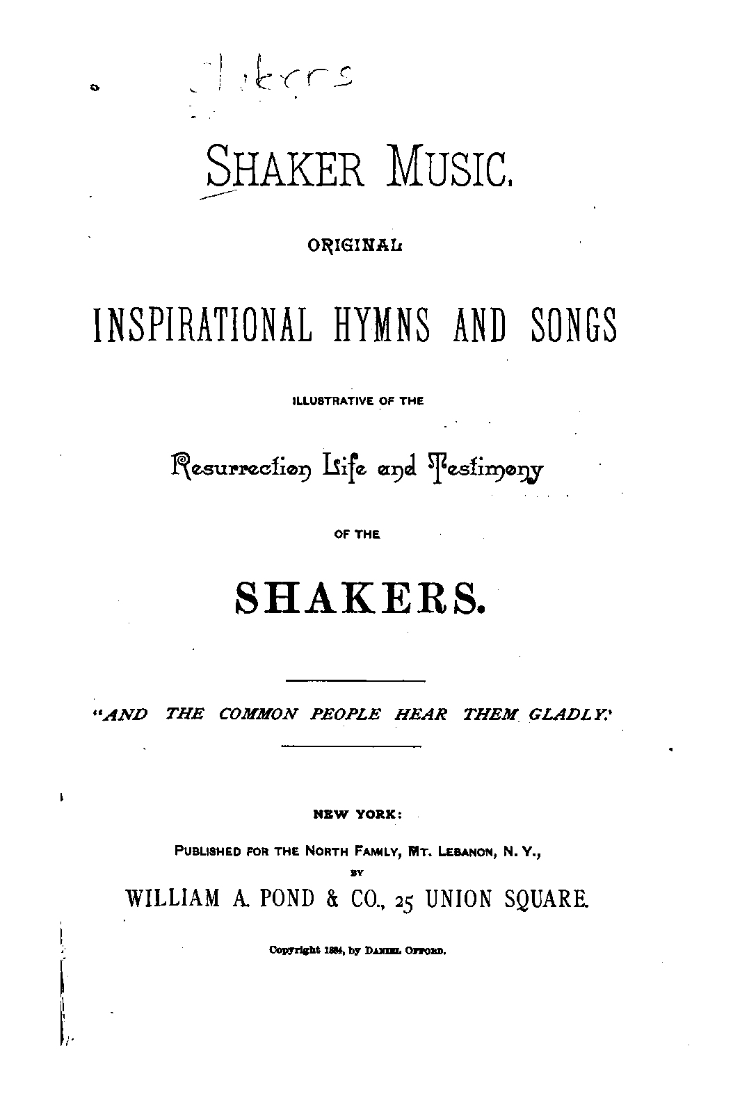 Shaker Music. Original Inspirational Hymns and Songs (Various) IMSLP