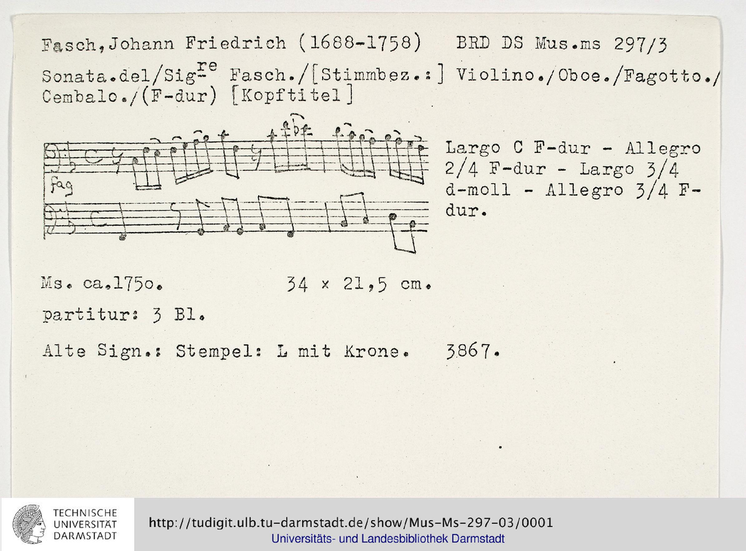 Sonata for Violin, Oboe, Bassoon and Continuo, FaWV NF4 (Fasch, Johann