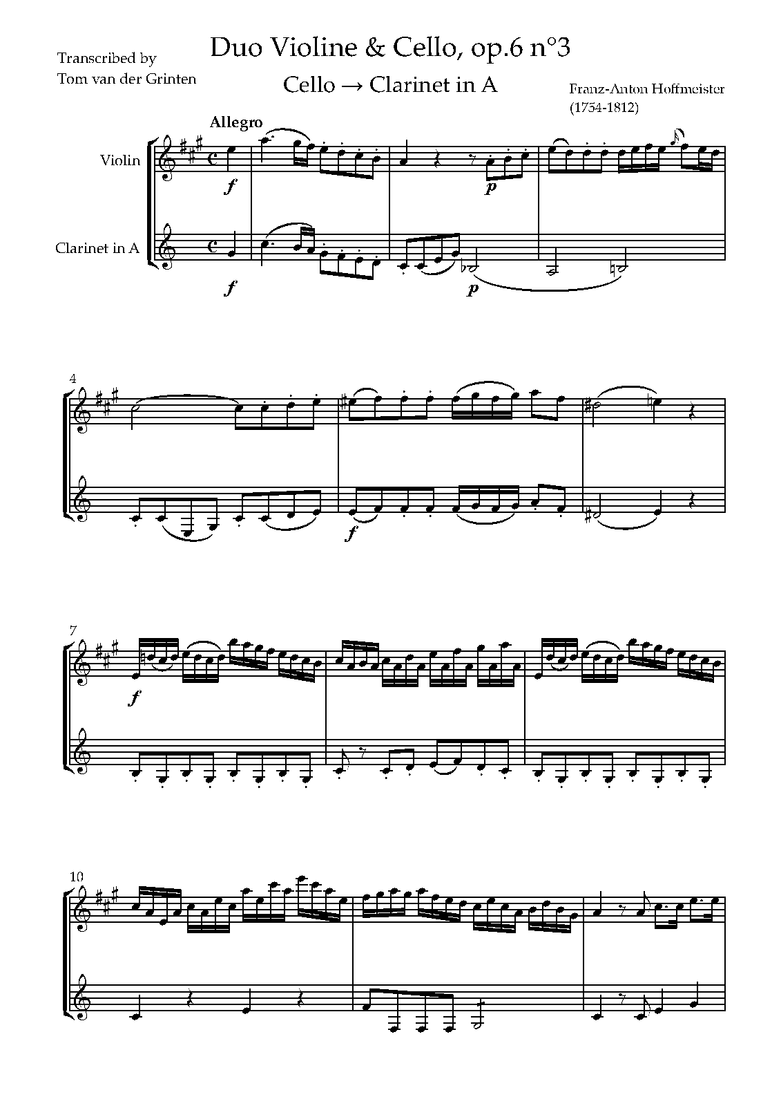Duet for Violin and Cello in A major, Op.6 No.3 (Hoffmeister, Franz