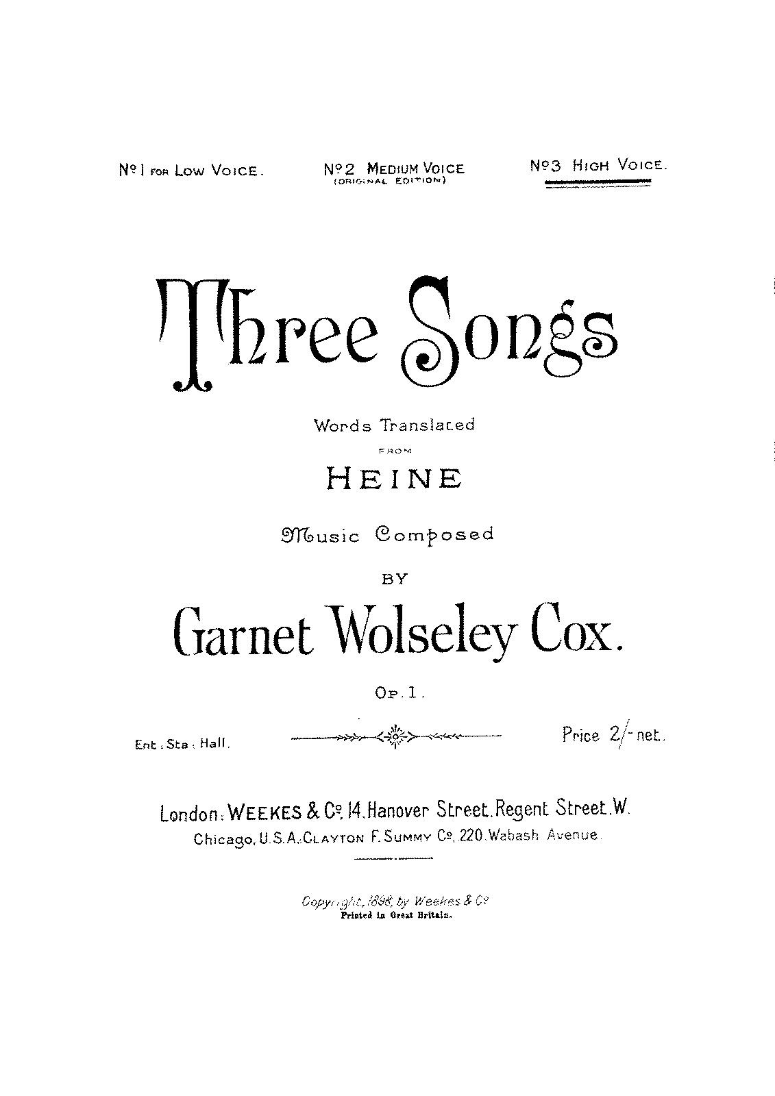 3 Songs, Op.1 (Cox, G. Wolseley) - IMSLP