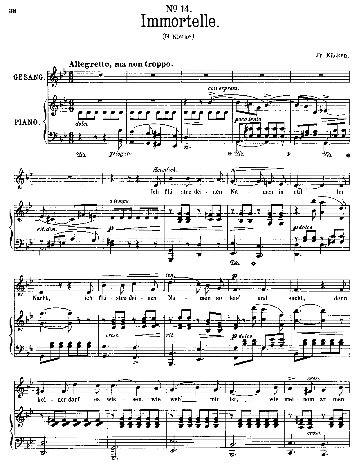 Klaviernoten über Sieben Brücken Mußt Du Gehen Immortelle (Kücken, Friedrich Wilhelm) - IMSLP