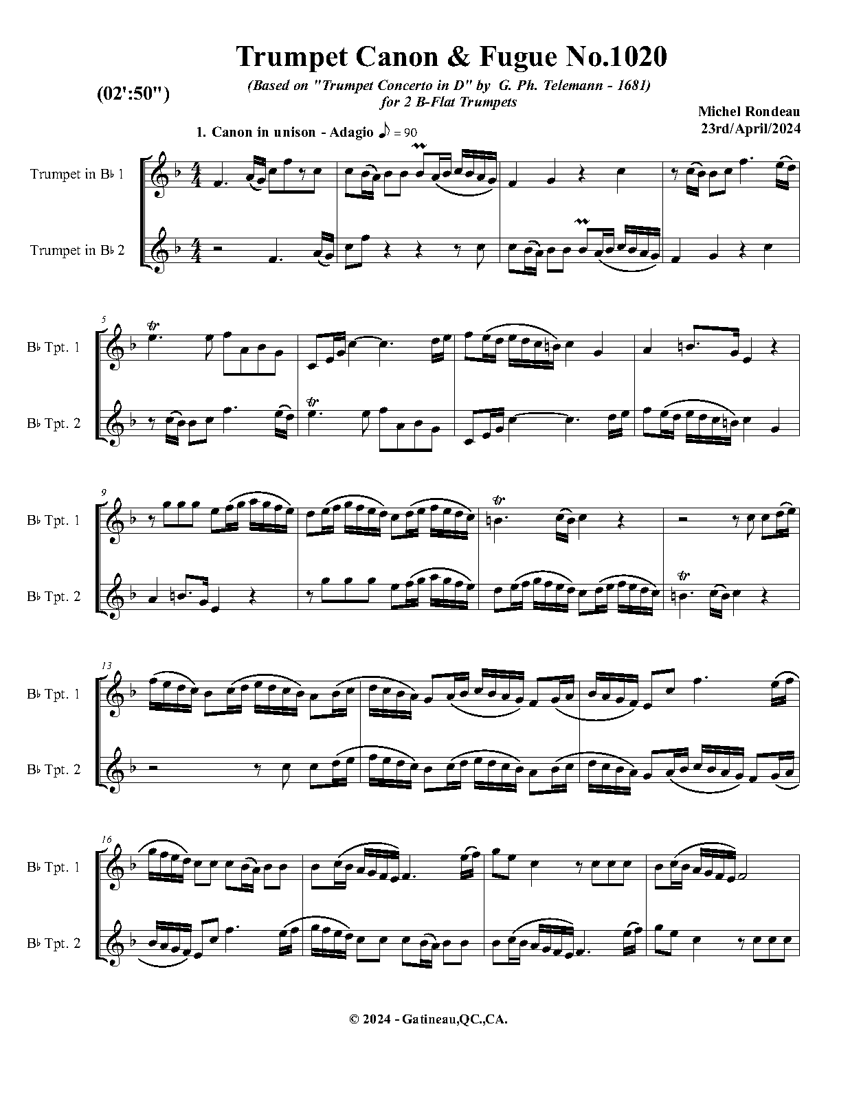 Trumpet Canon & Fugue No.1020 (Rondeau, Michel) - IMSLP