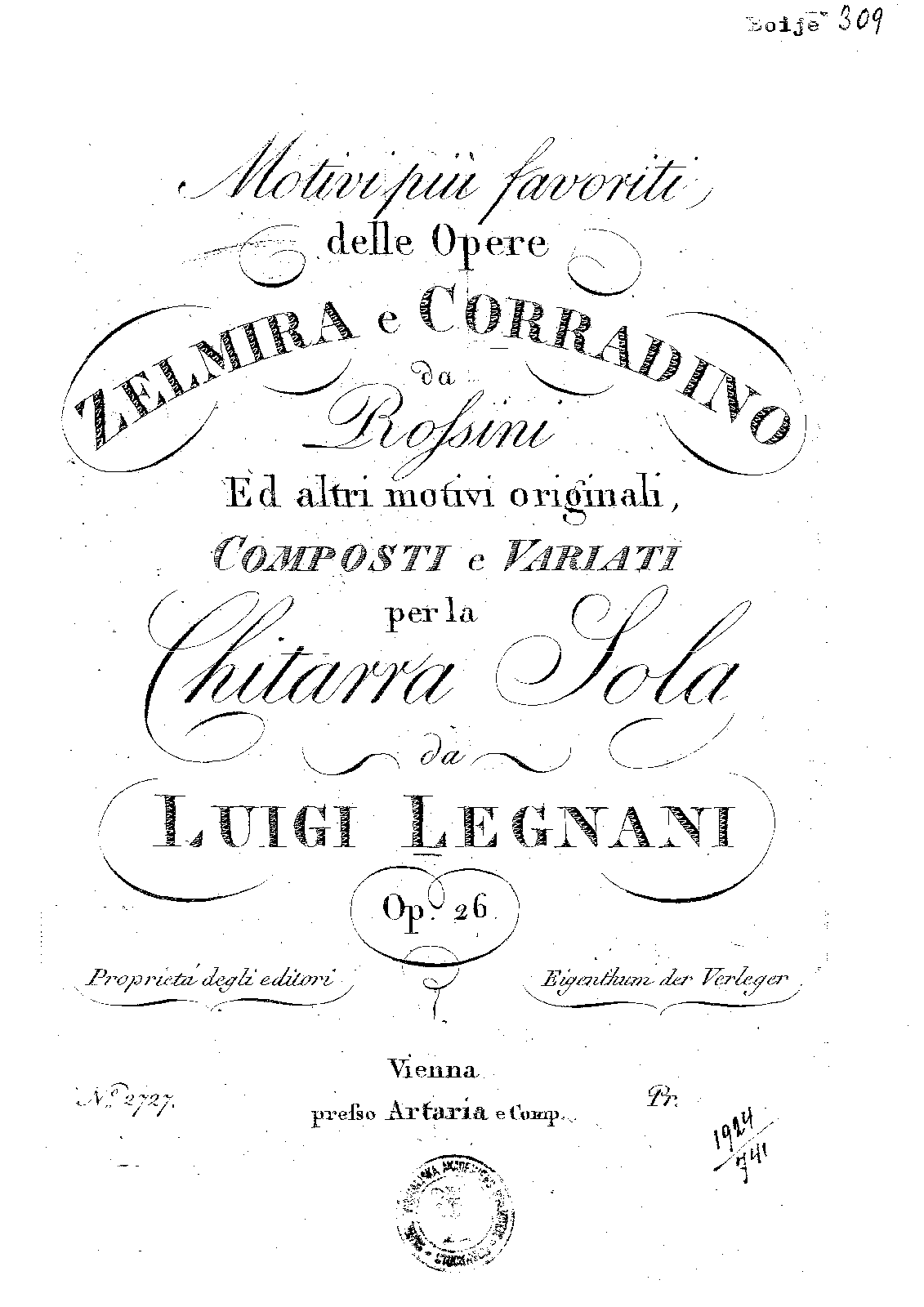 Motivi più favorita delle Opere Zelmira e Corradino da Rossini
