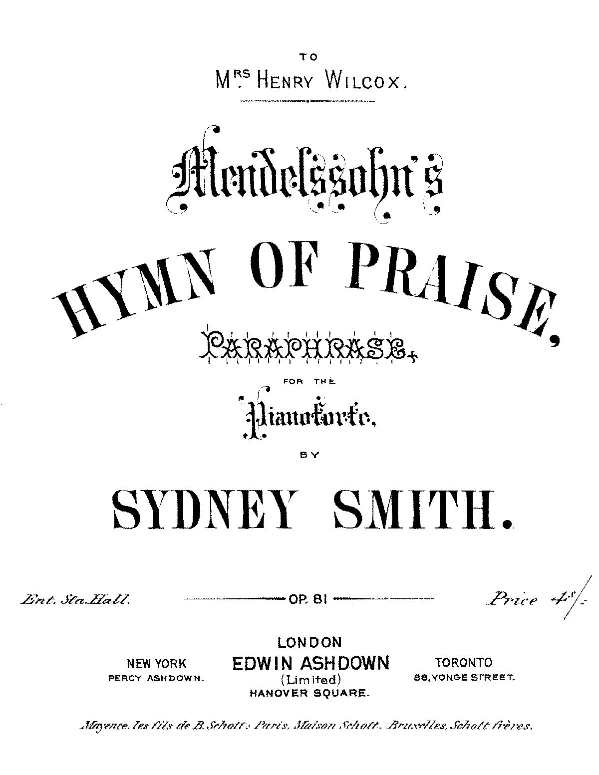 Paraphrase No.1 on Mendelssohn's Hymn of Praise, Op.81 (Smith, Sydney ...