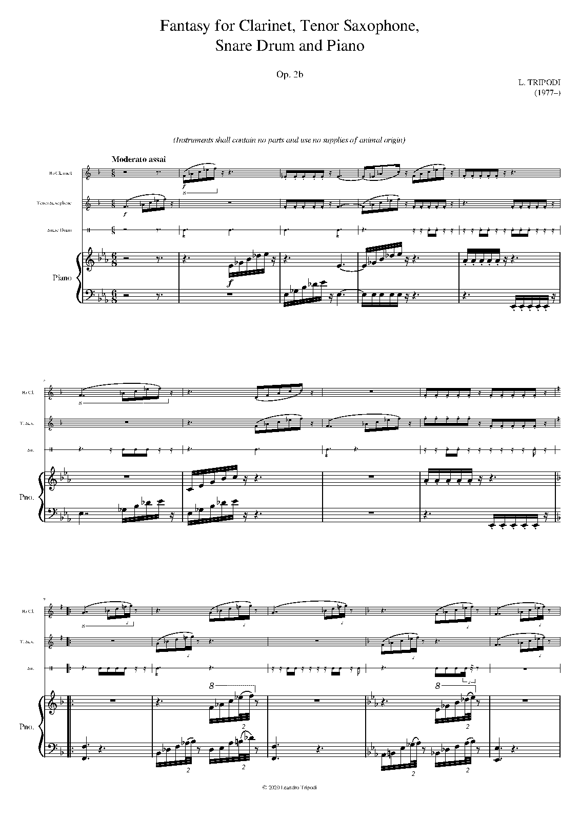 Fantasy for Tenor Saxophone, Snare Drum and Piano, Op.2b