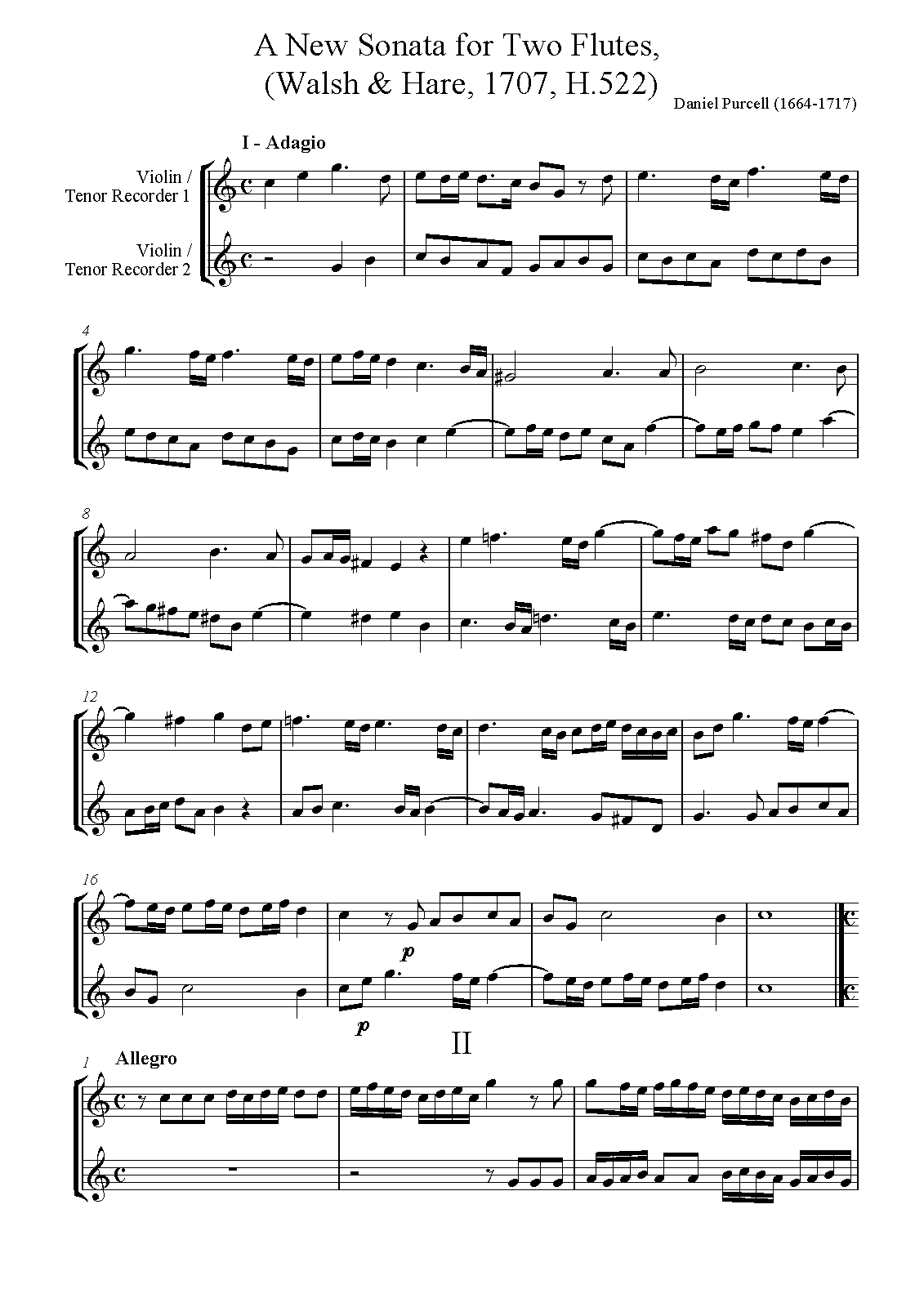 Sonata for Two Recorders in F major, H.522 (Purcell, Daniel) IMSLP