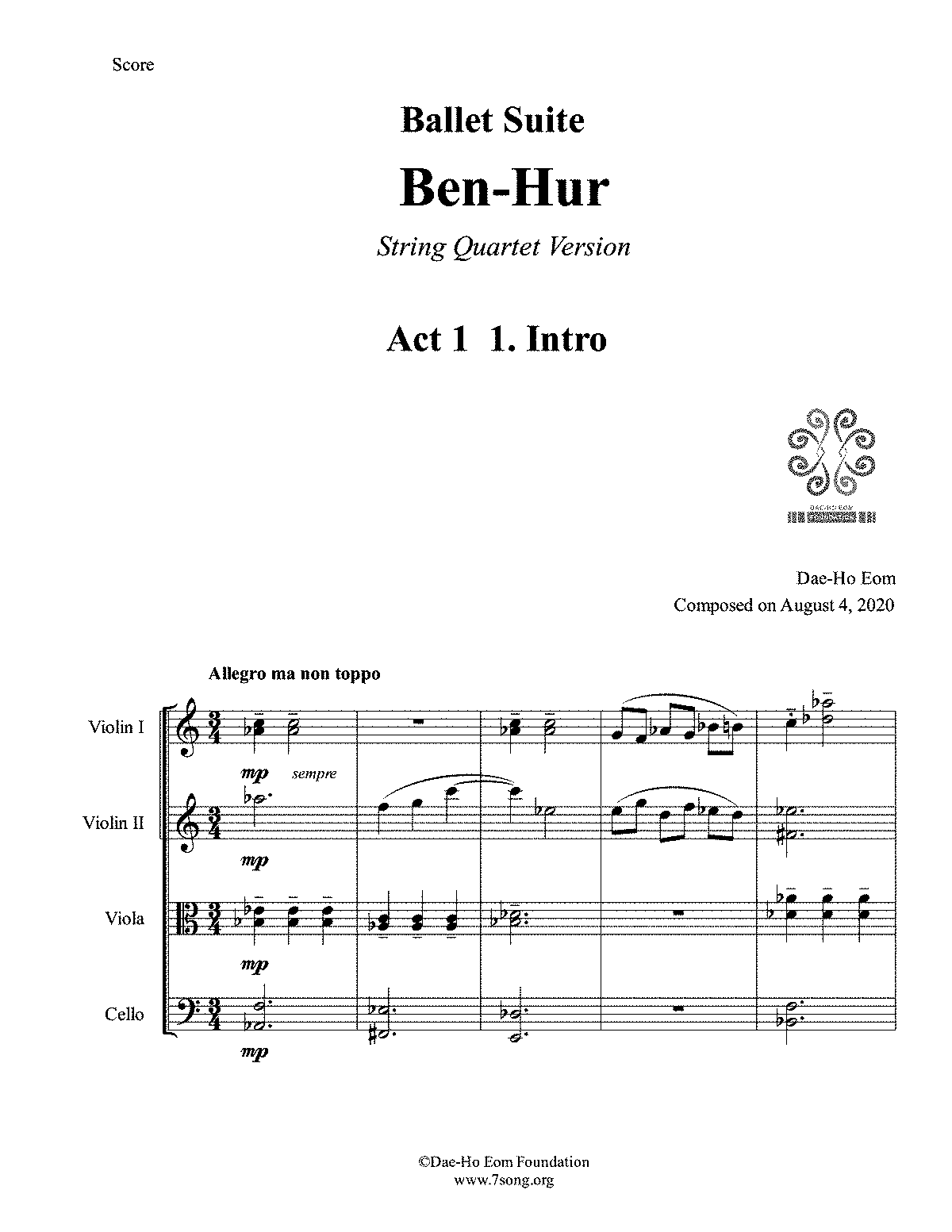 Ben-Hur Ballet Suite for String Quartet (Eom, Dae-Ho) - IMSLP: Free ...