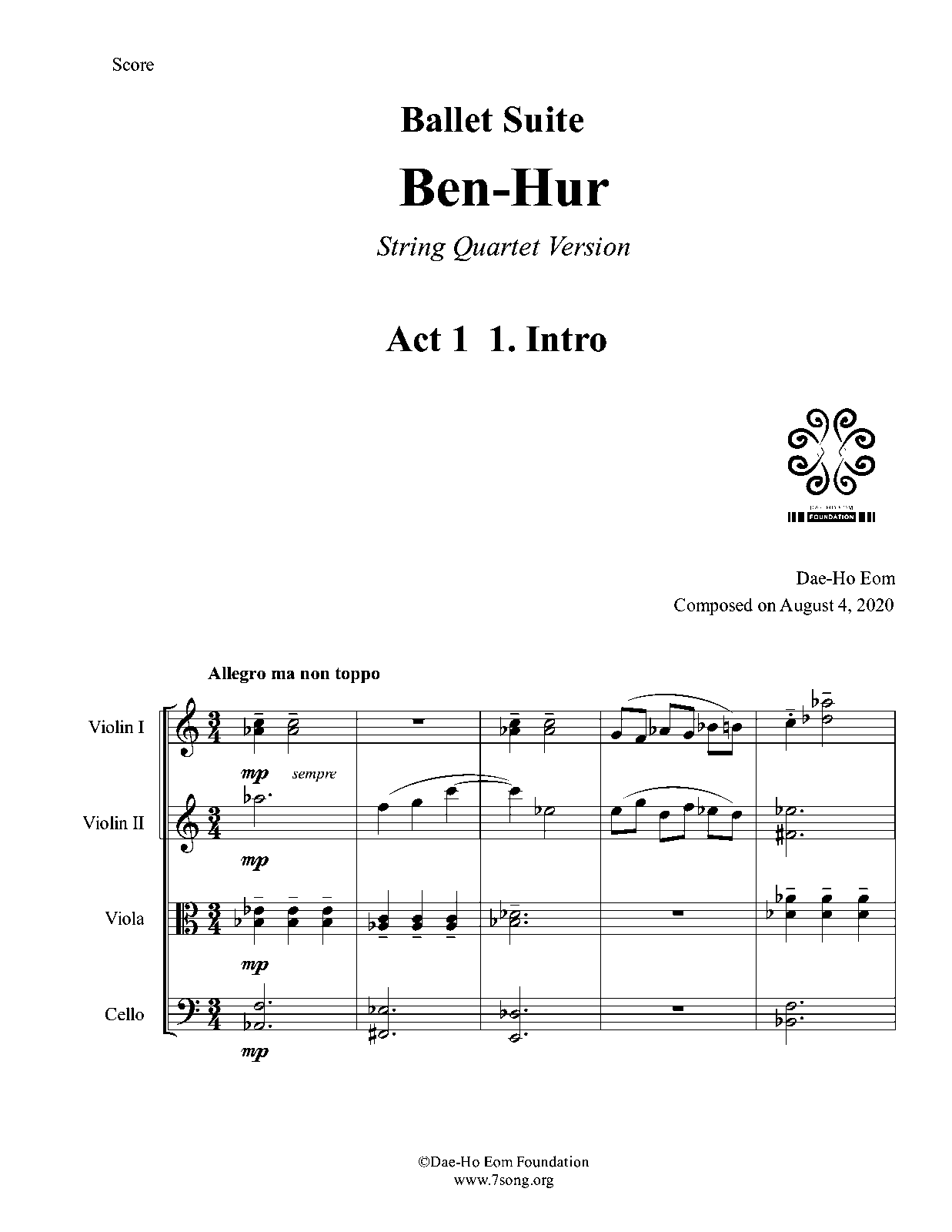 Ben-Hur Ballet Suite for String Quartet (Eom, Dae-Ho) - IMSLP: Free ...