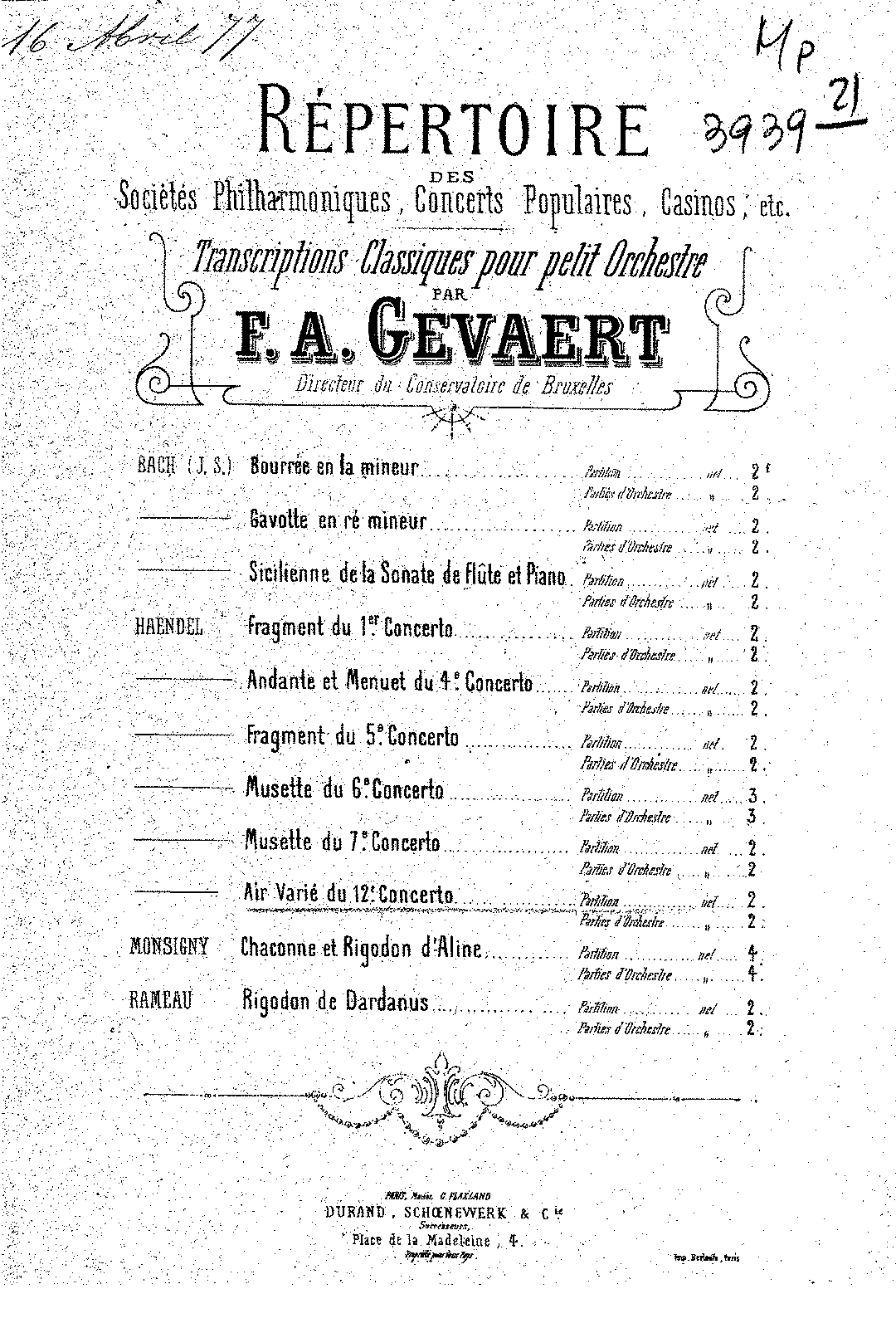 Transcriptions Classiques pour Petit Orchestre (Gevaert, François ...