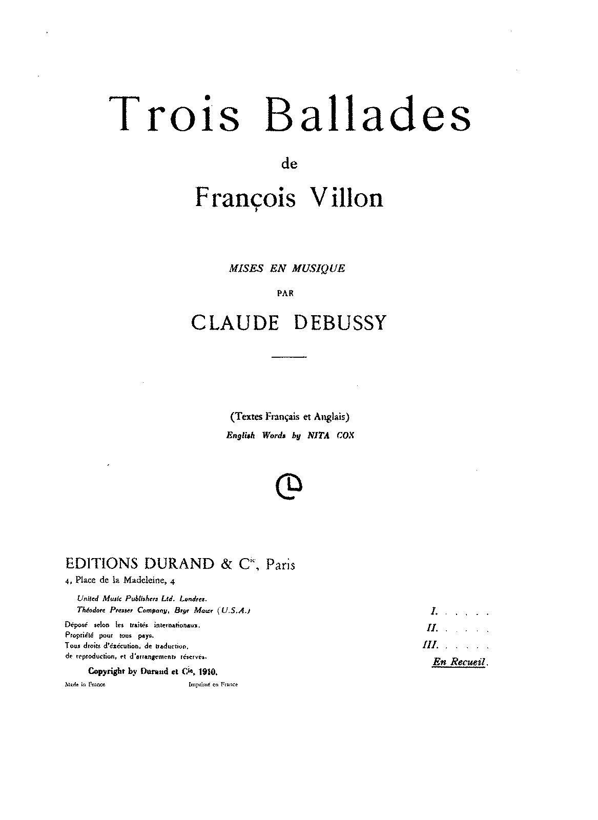 3 Ballades de François Villon (Debussy, Claude) - IMSLP: Free Sheet ...