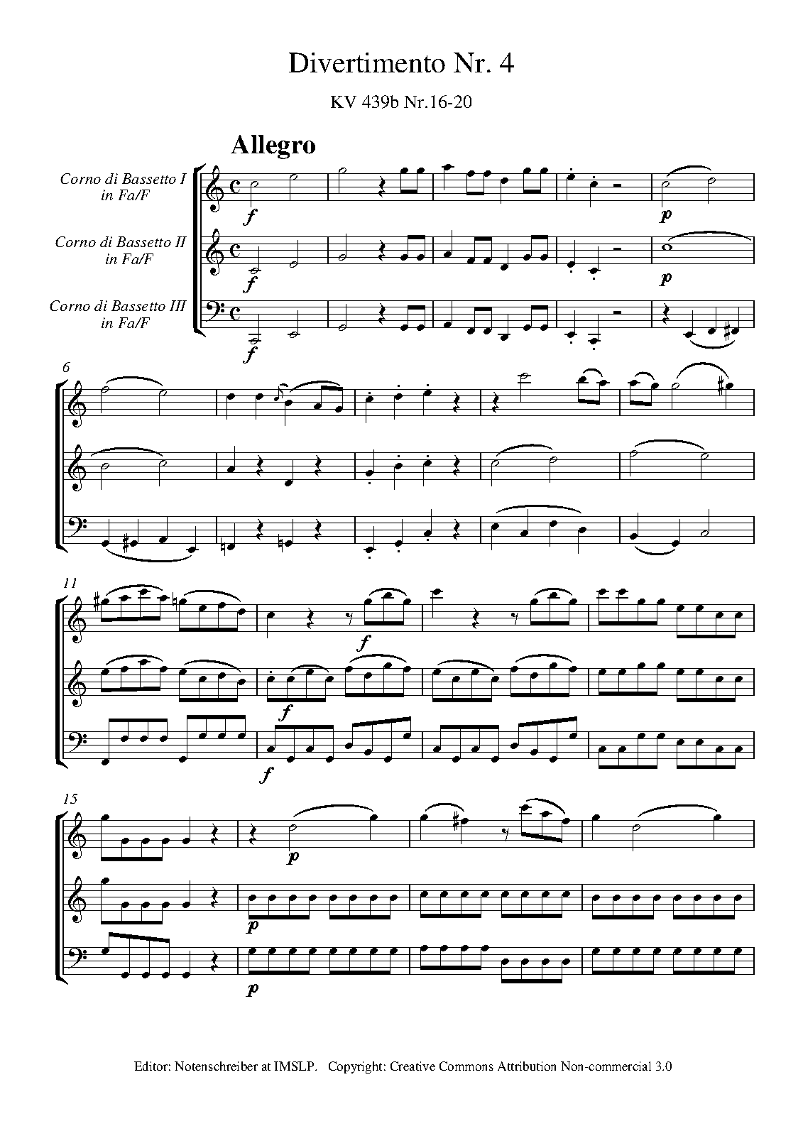free 3 music sheet for trumpets Amadeus Divertimentos, 5 K.Anh.229/439b Wolfgang (Mozart,