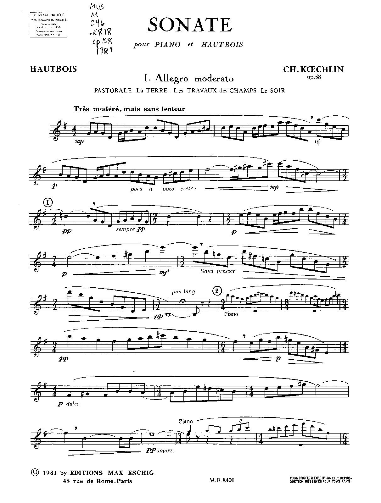 Oboe Sonata, Op.58 (Koechlin, Charles) IMSLP