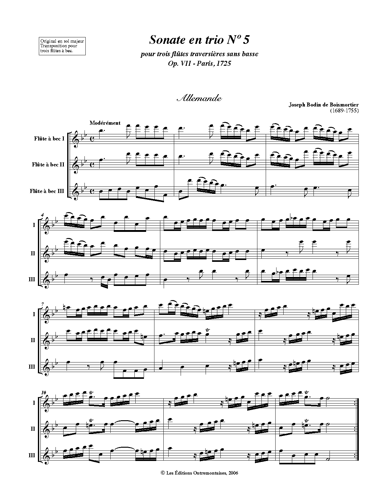 Sonata for 3 Flutes in G major, PB 257 (Boismortier, Joseph Bodin de