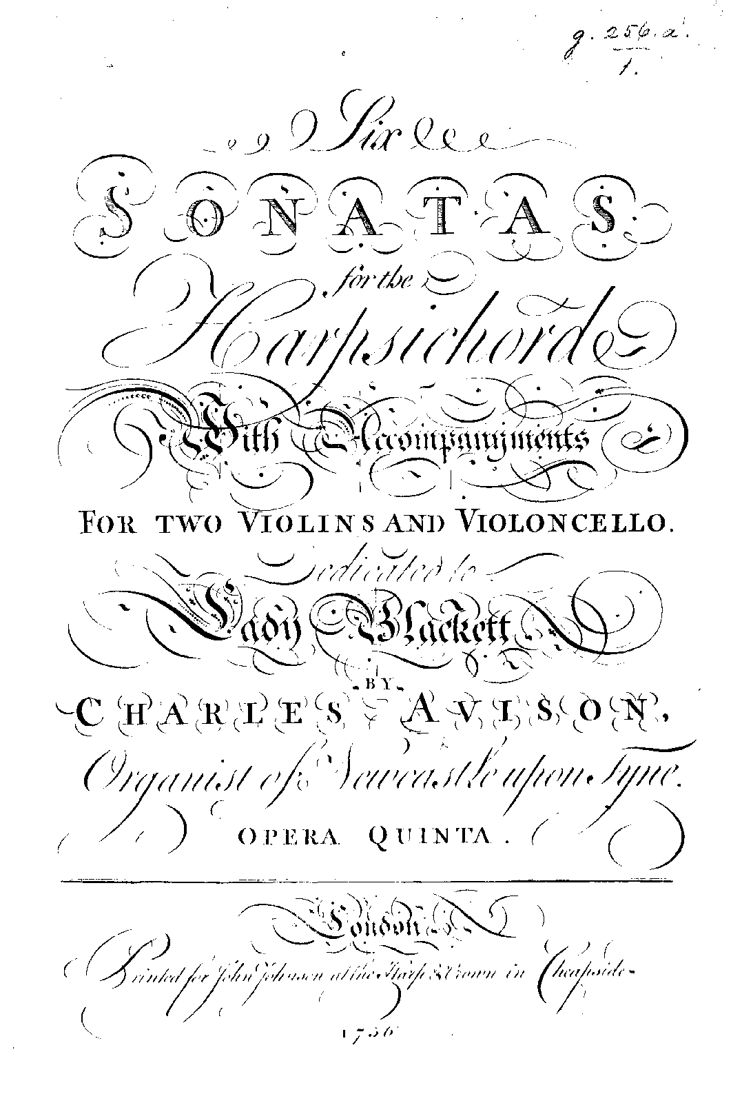 6 Sonatas for Harpsichord, 2 Violins and Cello, Op.5 (Avison, Charles