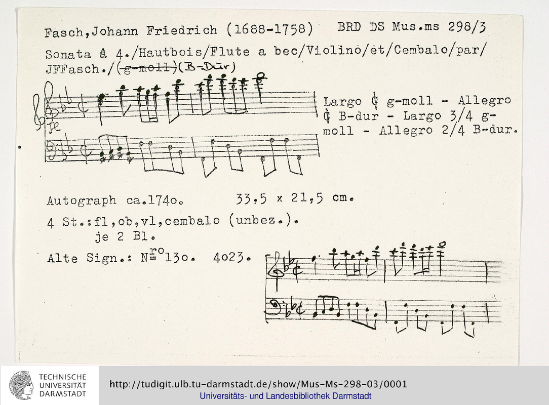 Sonata for Oboe, Recorder, Violin and Continuo, FaWV NB1 (Fasch