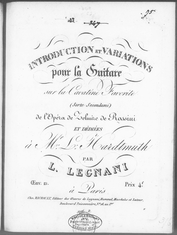 Introduction et variations pour la guitare sur la Cavatine Favorite de l'Opéra de 'Zelmire' de Rossini