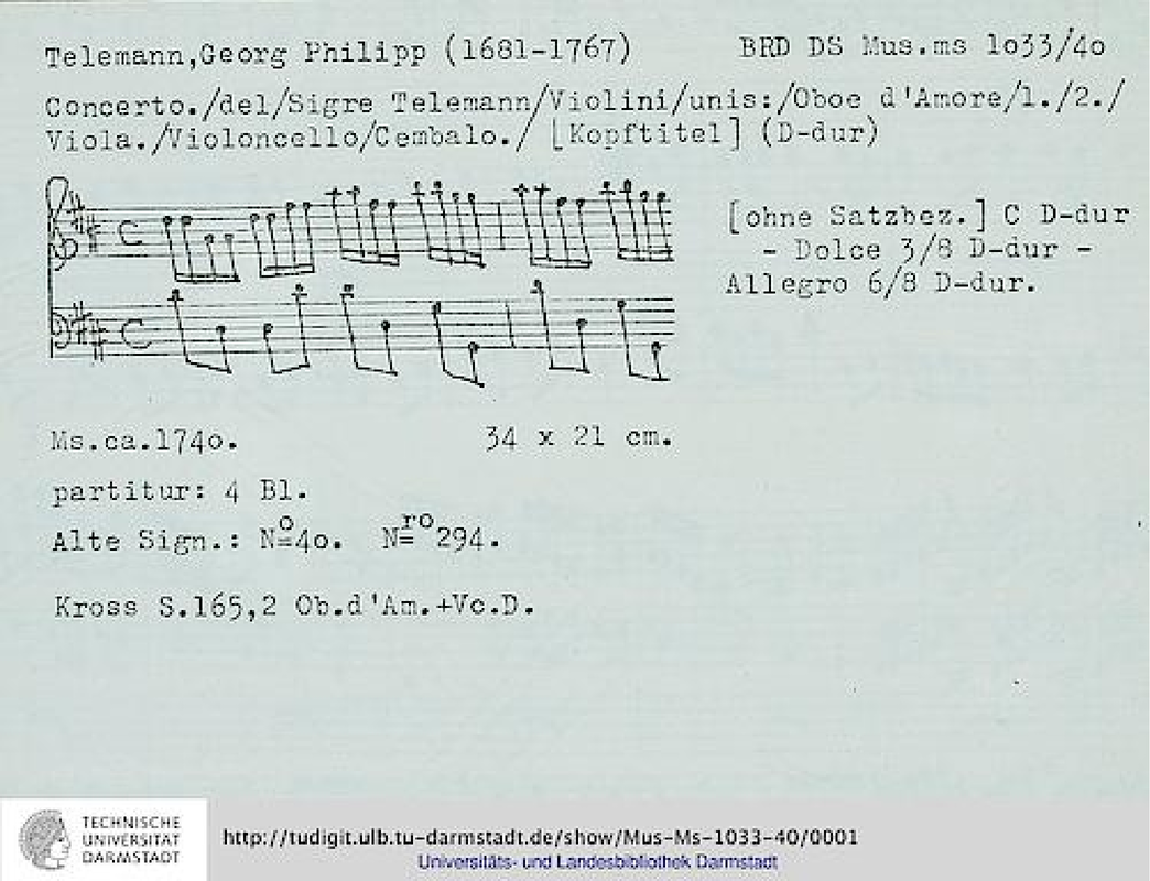 Concerto for 2 Oboes d'amore and Cello, TWV 53D3 (Telemann,